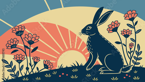 Rabbit in Wreath of Flowers Facing Sunrise