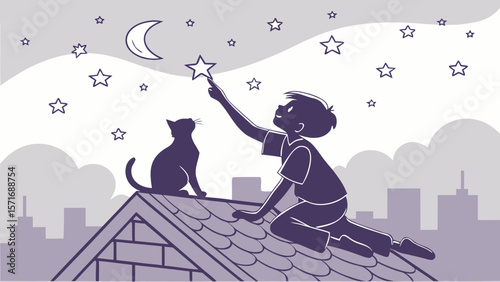  Cat and Child Reaching for Stars on Rooftop
