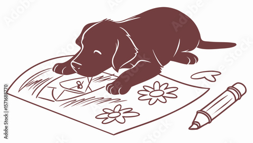 Puppy Laying on Child’s Drawing with Crayon
