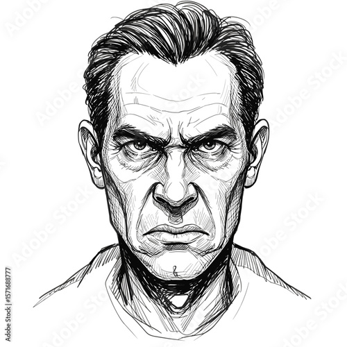 Angry suspicious looking man staring straight ahead on white background
