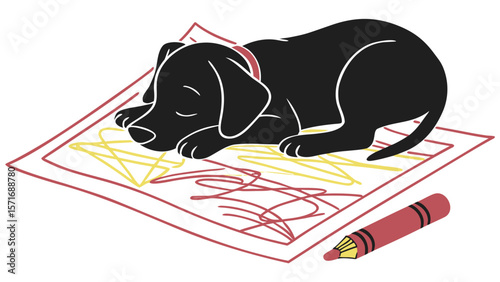 Puppy Laying on Child’s Drawing with Crayon