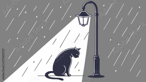 Lonely Cat Under Streetlamp in Rain — Loss and Solitude Silhouette Scene