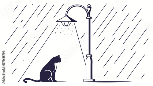 Lonely Cat Under Streetlamp in Rain — Loss and Solitude Silhouette Scene