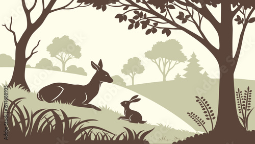 Rabbit and Deer in Forest Clearing — Peaceful Dual Animal Silhouette