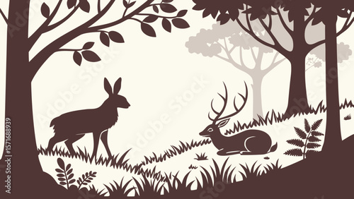 Rabbit and Deer in Forest Clearing — Peaceful Dual Animal Silhouette