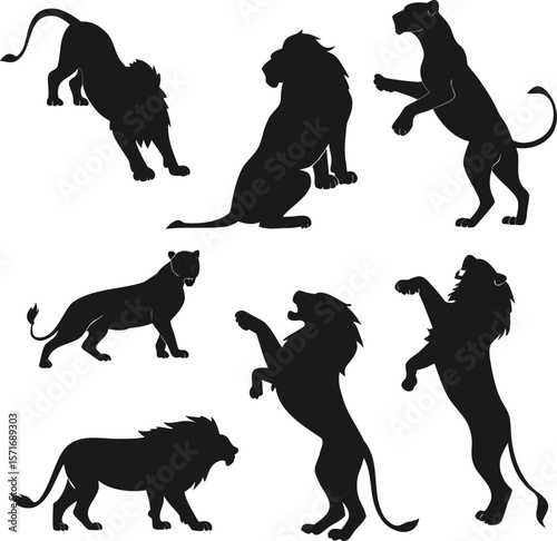 Lion silhouette bundle vector A collection of 9 black silhouettes in various poses, including jumping, standing, sitting. Each silhouette is clean and minimal,contrast, no details inside the shapes, 