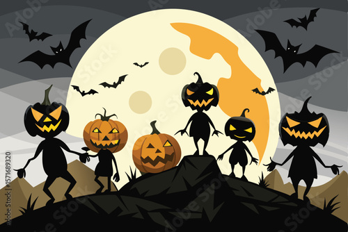 Halloween jack o lantern figures with bats and moon pumpkin silhouettes