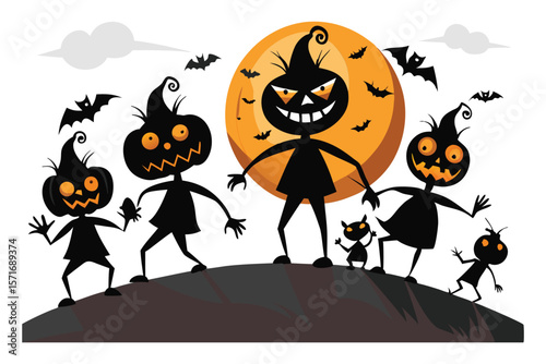 Halloween pumpkin characters with bats and moon silhouette black