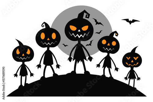 Spooky black pumpkin figures with glowing orange eyes and bats halloween pumpkins