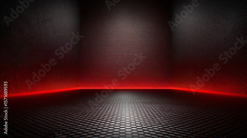 Studio interior with carbon fiber texture. Modern carbon fiber textured red black interior with light. Background for mounting, product placement. Vector background, template, mockup