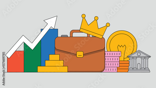 Financial growth illustration with briefcase, crown, coin, bank, and upward trending arrow graph