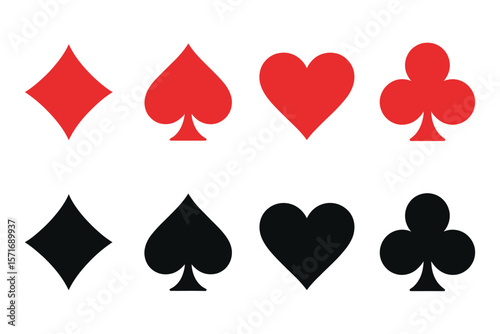 Classic Playing Card Symbols Set in Red and Black Colors with Transparent Background for Casino Graphics, Game Interfaces, Vector Art, and Digital Playing Card Designs

