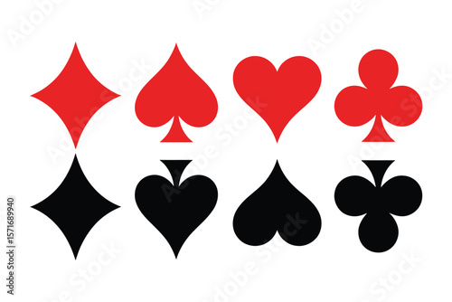 Red and Black Playing Cards Icon Collection on Transparent Background Including Hearts, Diamonds, Spades, Clubs for Game Design, Casino Themes, and Digital Vector Art

