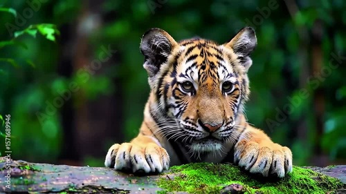 A young tiger rests on a mossy log in a lush forest.