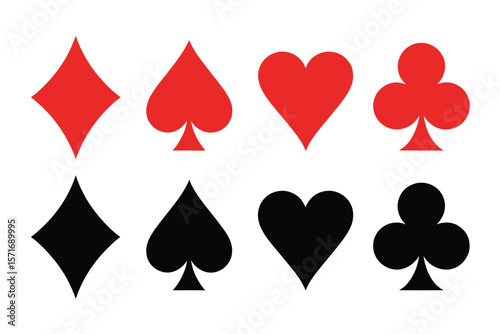 Red and Black Playing Cards Icon Collection on Transparent Background Including Hearts, Diamonds, Spades, Clubs for Game Design, Casino Themes, and Digital Vector Art

