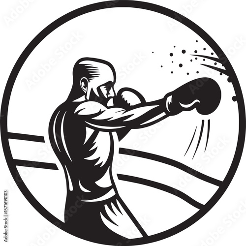 Black and white silhouette of a boxer throwing a punch inside a boxing ring. Classic fighting stance with strong energy and motion.