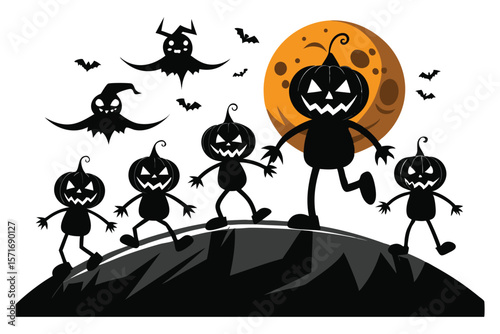 Spooky pumpkin characters dancing under orange moon halloween silhouette
