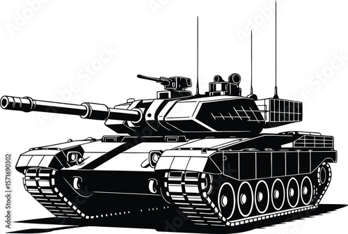 Black and white illustration of a modern military tank with detailed design on white background