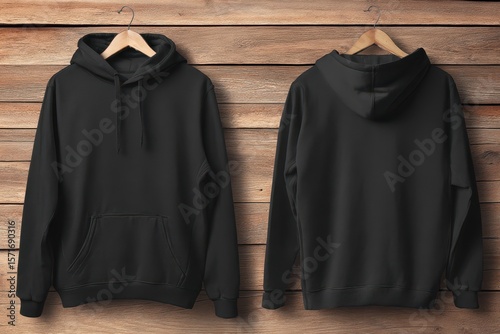 Black hoodie sweater displayed against rustic wooden background highlighting its design and versatility for casual wear and comfort in various settings
