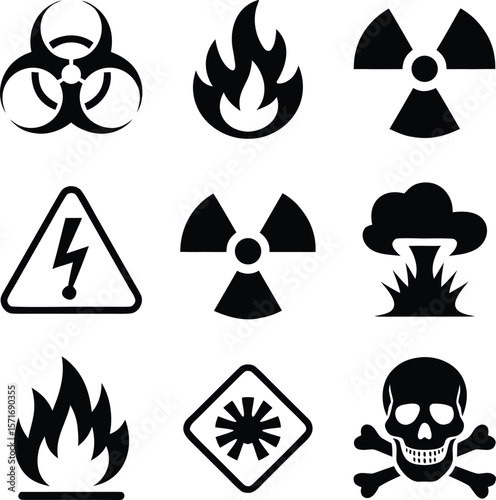 Black and white warning hazard symbols illustrating danger and hazardous materials in vector format
