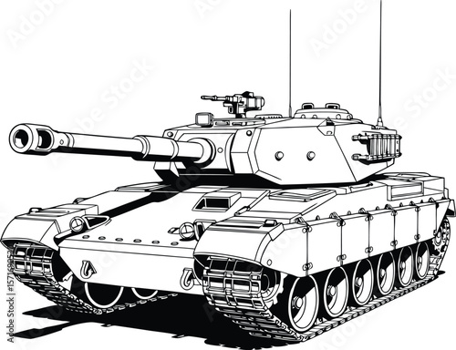 Detailed illustration of a modern military tank rendered in black and white