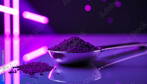 Dark purple acai powder in chrome spoon on futuristic iridescent surface with Y2K violet glow and starry void backdrop