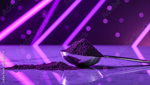Dark purple acai powder in chrome spoon on futuristic iridescent surface with Y2K violet glow and starry void backdrop