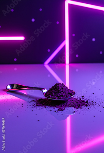 Dark purple acai powder in chrome spoon on futuristic iridescent surface with Y2K violet glow and starry void backdrop