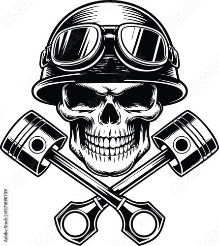 Skull in motorcycle helmet with goggles and crossed pistons vector illustration