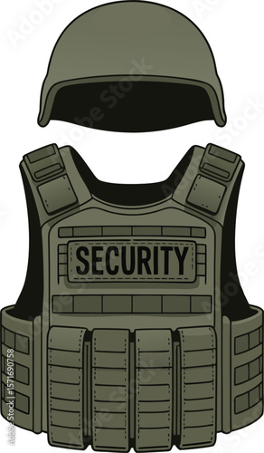 Vector illustration of a security uniform depicting a helmet and tactical body armor