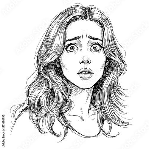 Scared young woman with wavy hair showing fear on white background