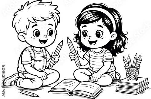 A cartoon illustration of a boy and girl sitting with pencils and books in black and white style