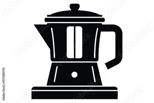 Black Coffee Maker Silhouette with Handle, Spout, Lid and Base Design on White