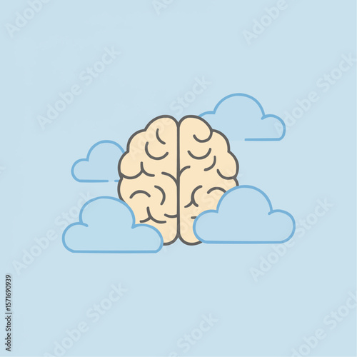 Brain illustration with clouds on light blue background  