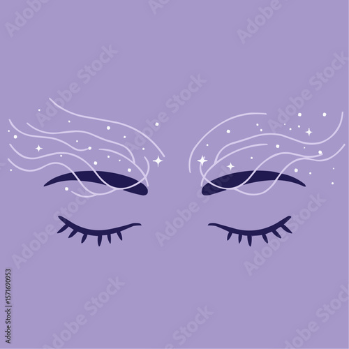 Abstract illustration of closed eyes with ethereal wisps on purple background  