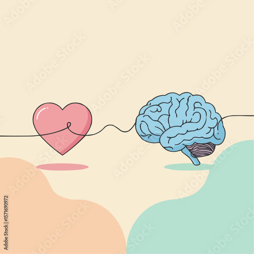 Heart and brain connected by a line in abstract minimal style  