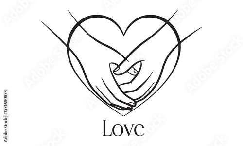 Abstract black and white illustration of hands forming a heart shape with the word love