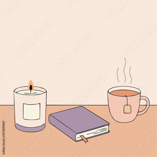 Cozy setup with candle, book, and steaming tea cup on table  