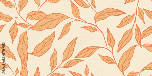 Autumn seamless pattern with hand drawn botanical branches in warm orange tones on beige background