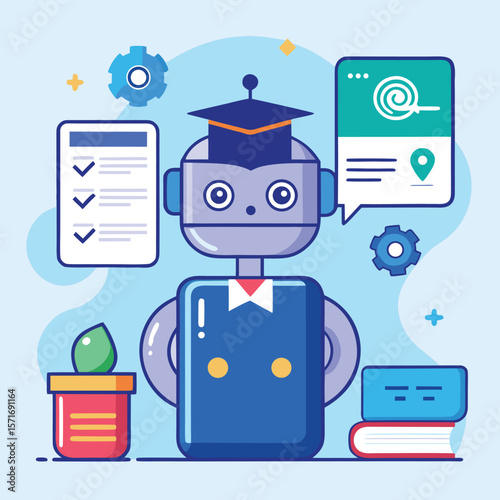 An illustrative depiction of an educated robot displaying learning concepts and elements of artificial intelligence.