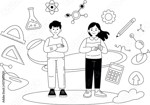 Illustration of a boy and girl surrounded by science and math related symbols in black and white