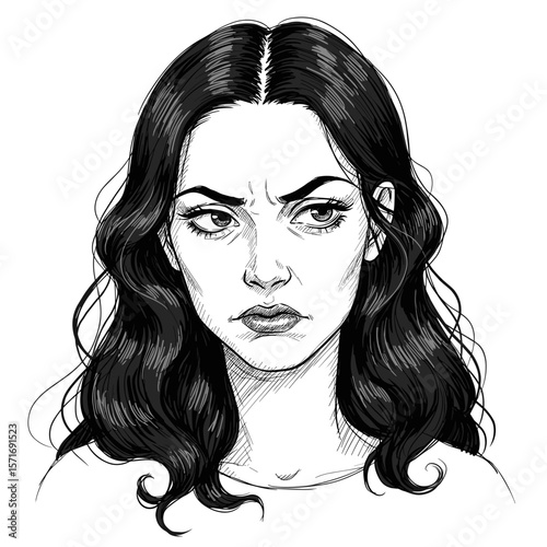 Disgusted young woman with wavy hair showing a displeased expression on white background