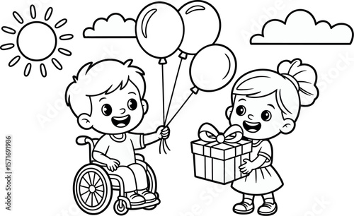 A black and white illustration of a boy in a wheelchair holding balloons and a girl with a gift