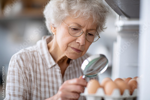 senior woman looking at the egg carton through magnifying glass trying to find expiration date