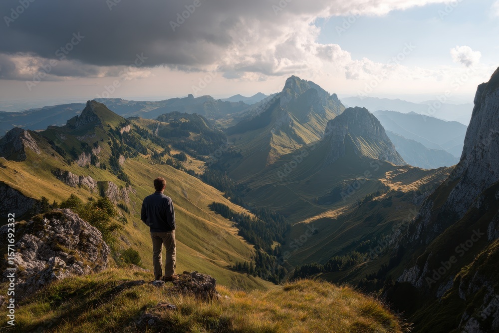 Fototapeta premium Exploring breathtaking mountain landscapes at sunset, taking in the expansive views from a high vantage point in the Alps