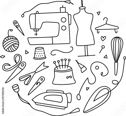 Doodle illustration of sewing and tailoring equipment arranged in a circular composition style