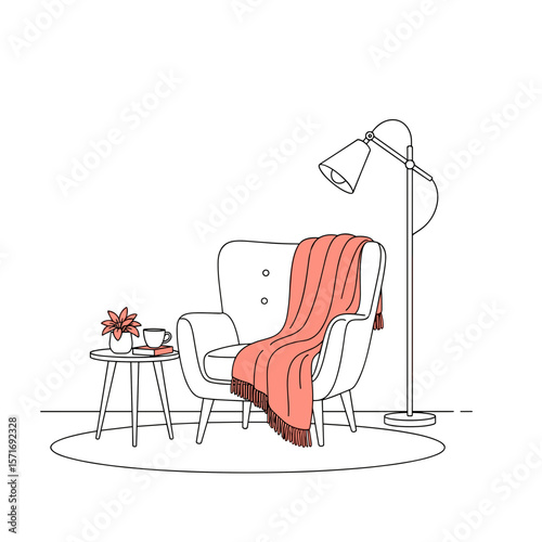 Cozy armchair with blanket and cup on side table in minimal style  