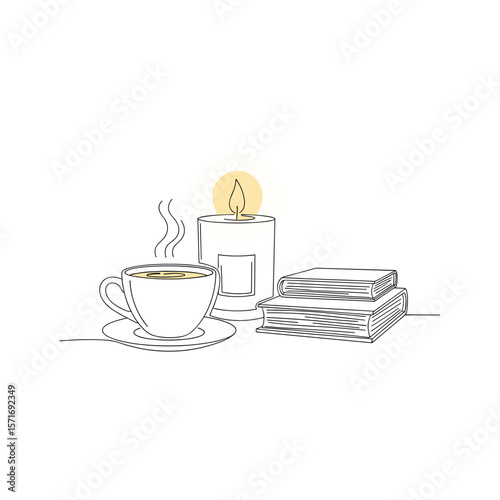 Cozy cup of coffee with a lit candle and stacked books on table  