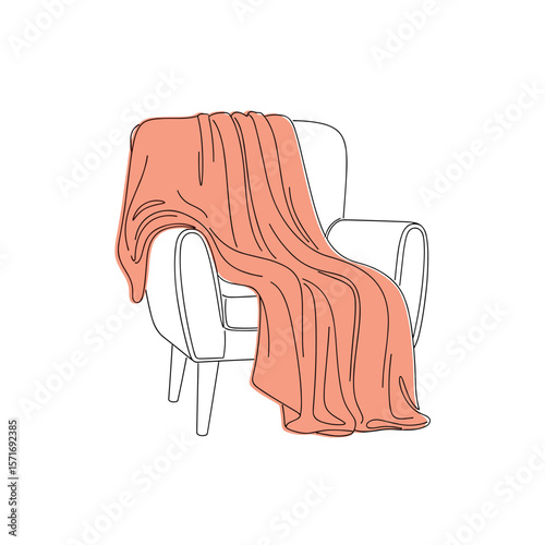Cozy peach blanket draped over modern armchair on white background  