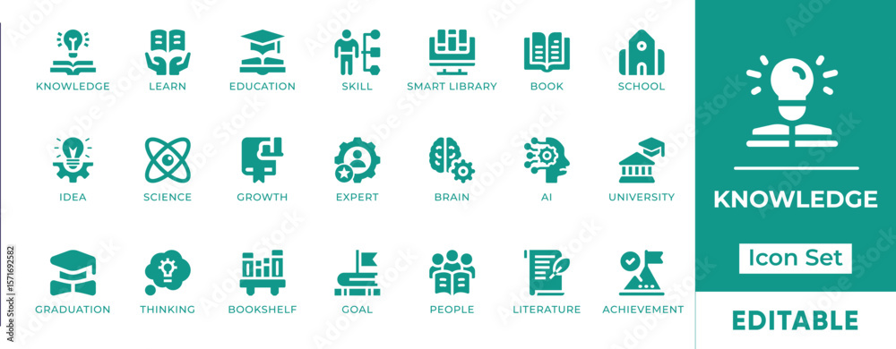 Fototapeta premium Knowledge Icon Set. Includes icons of books, learning, brain, education, ideas, and skills. Perfect for e-learning, academic, training, and personal development projects.